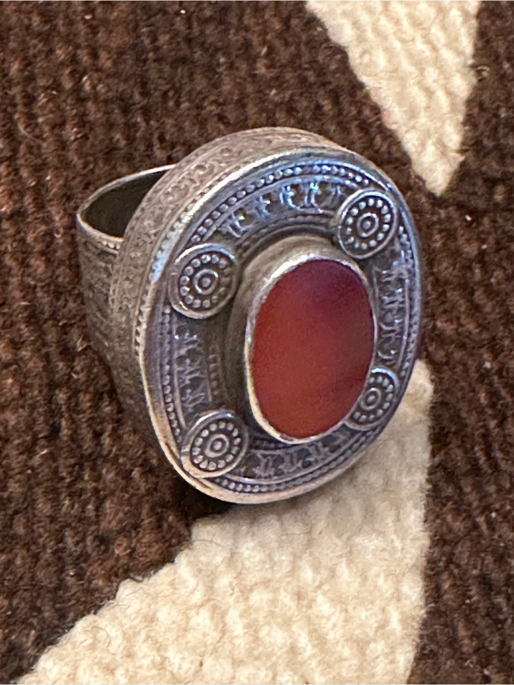 Bold Silver Ring with Oval Red Agate Cabochon